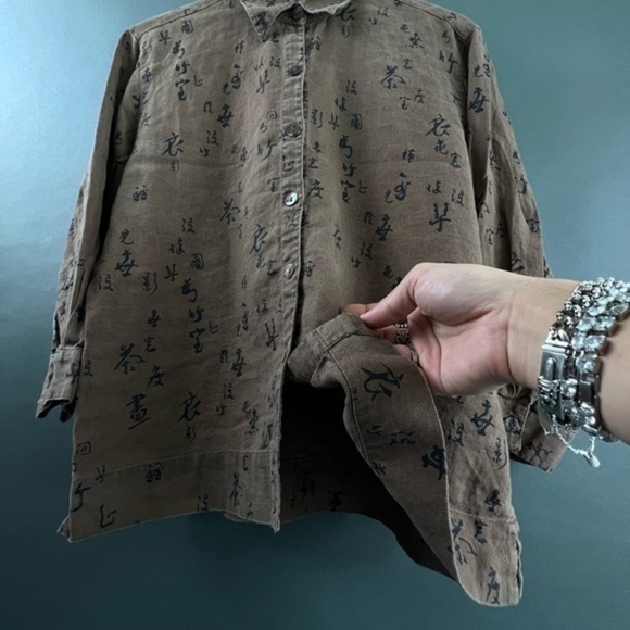 Linen Japanese Kanji Allover Print Boxy Luxury Streetwear Long Sleeve Shirt - Picture 5 of 11